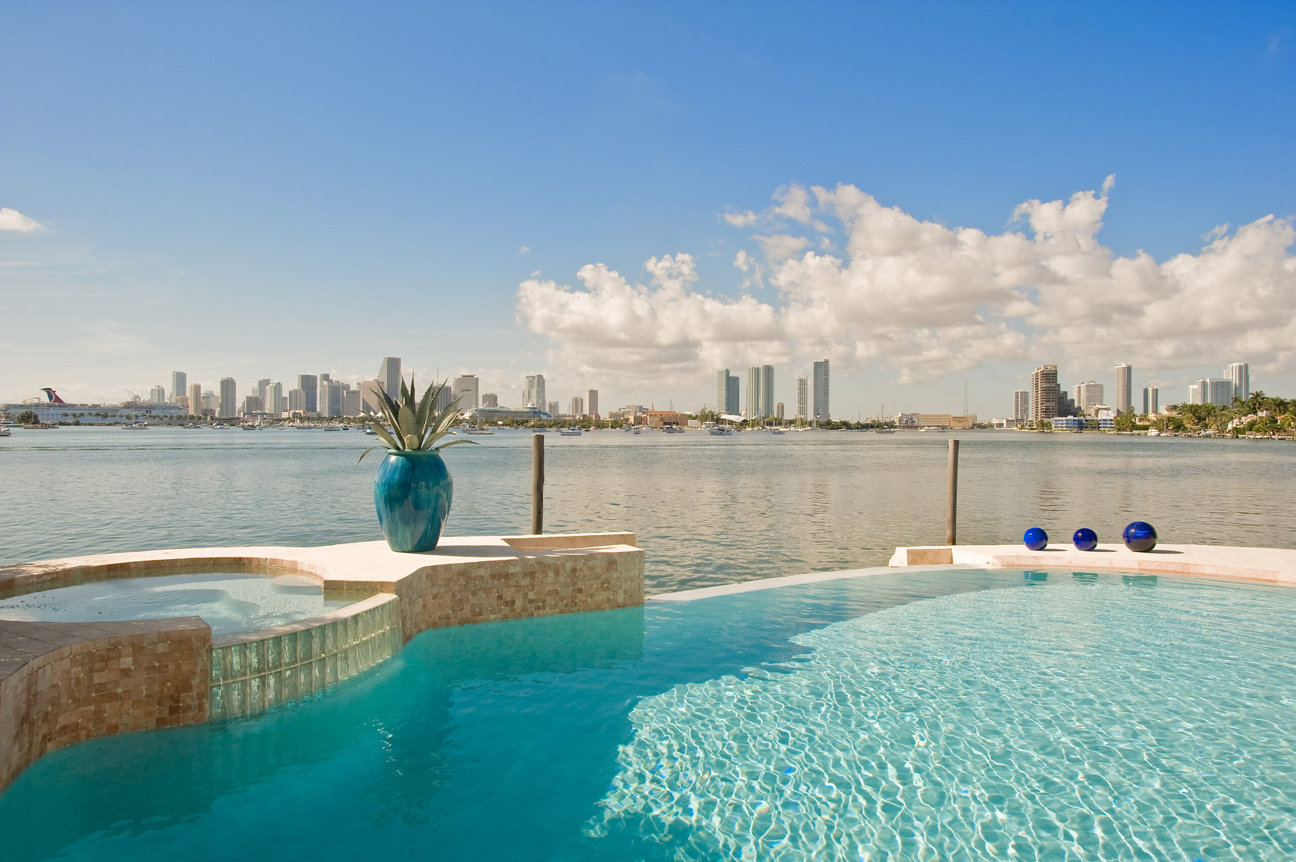 Miami skyline viewed from a waterfront pool
